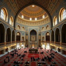 An interior design of a large holy space with 24 sides, each side measuring 15 meters in radius, inspired by Safavid Persian architecture
