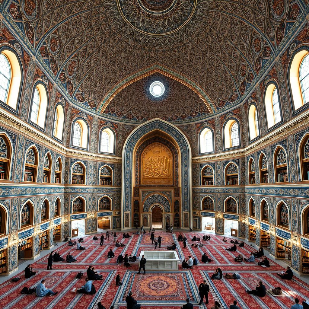 An interior design of a large holy space with 24 sides, each side measuring 15 meters in radius, inspired by Safavid Persian architecture