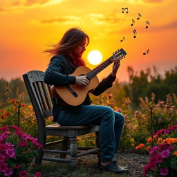 A serene and captivating wallpaper depicting a classical guitarist passionately playing under a warm sunset sky
