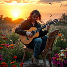 A serene and captivating wallpaper depicting a classical guitarist passionately playing under a warm sunset sky