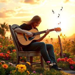 A serene and captivating wallpaper depicting a classical guitarist passionately playing under a warm sunset sky