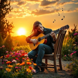 A serene and captivating wallpaper depicting a classical guitarist passionately playing under a warm sunset sky