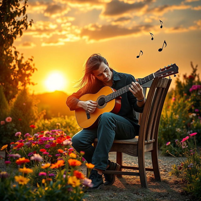 A serene and captivating wallpaper depicting a classical guitarist passionately playing under a warm sunset sky