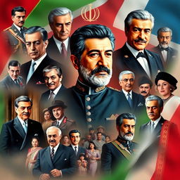 A vibrant collage of photos featuring Mohammad Reza Pahlavi, the last Shah of Iran, showcasing different stages of his life and reign