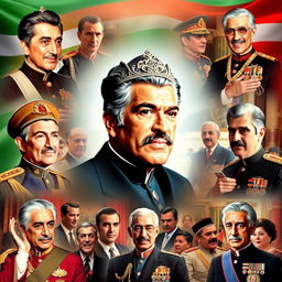 A vibrant collage of photos featuring Mohammad Reza Pahlavi, the last Shah of Iran, showcasing different stages of his life and reign