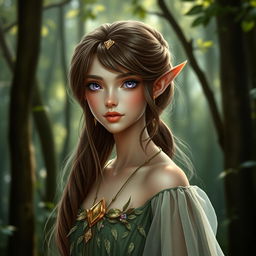 A beautiful female elf with luminous purple eyes and long, flowing brown-green hair styled either in a bride or ponytail