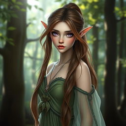 A beautiful female elf with luminous purple eyes and long, flowing brown-green hair styled either in a bride or ponytail