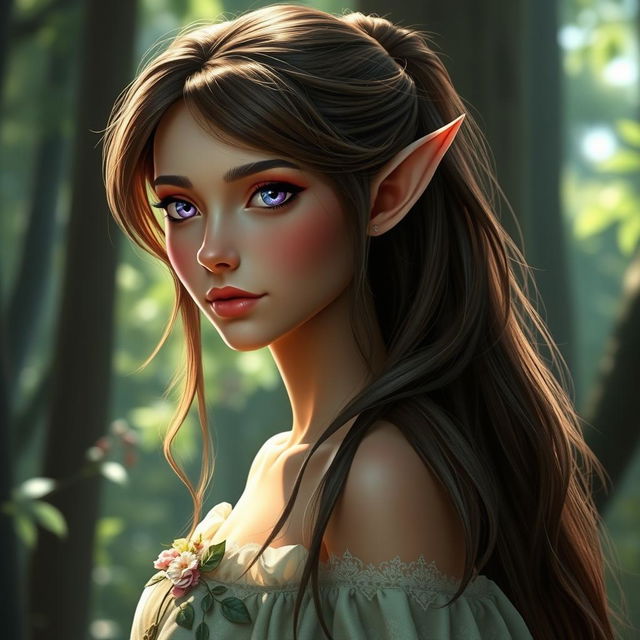 A beautiful female elf with luminous purple eyes and long, flowing brown-green hair styled either in a bride or ponytail