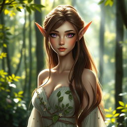 A beautiful female elf with luminous purple eyes and long, flowing brown-green hair styled either in a bride or ponytail