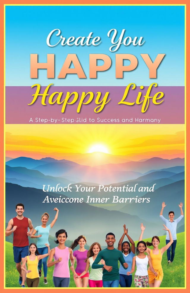 A colorful and vibrant book cover design for 'Create Your Happy Life: A Step-by-Step Guide to Success and Harmony'