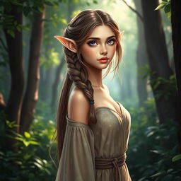 A stunning female elf standing gracefully in an enchanting forest