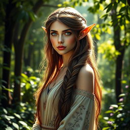 A stunning female elf standing gracefully in an enchanting forest