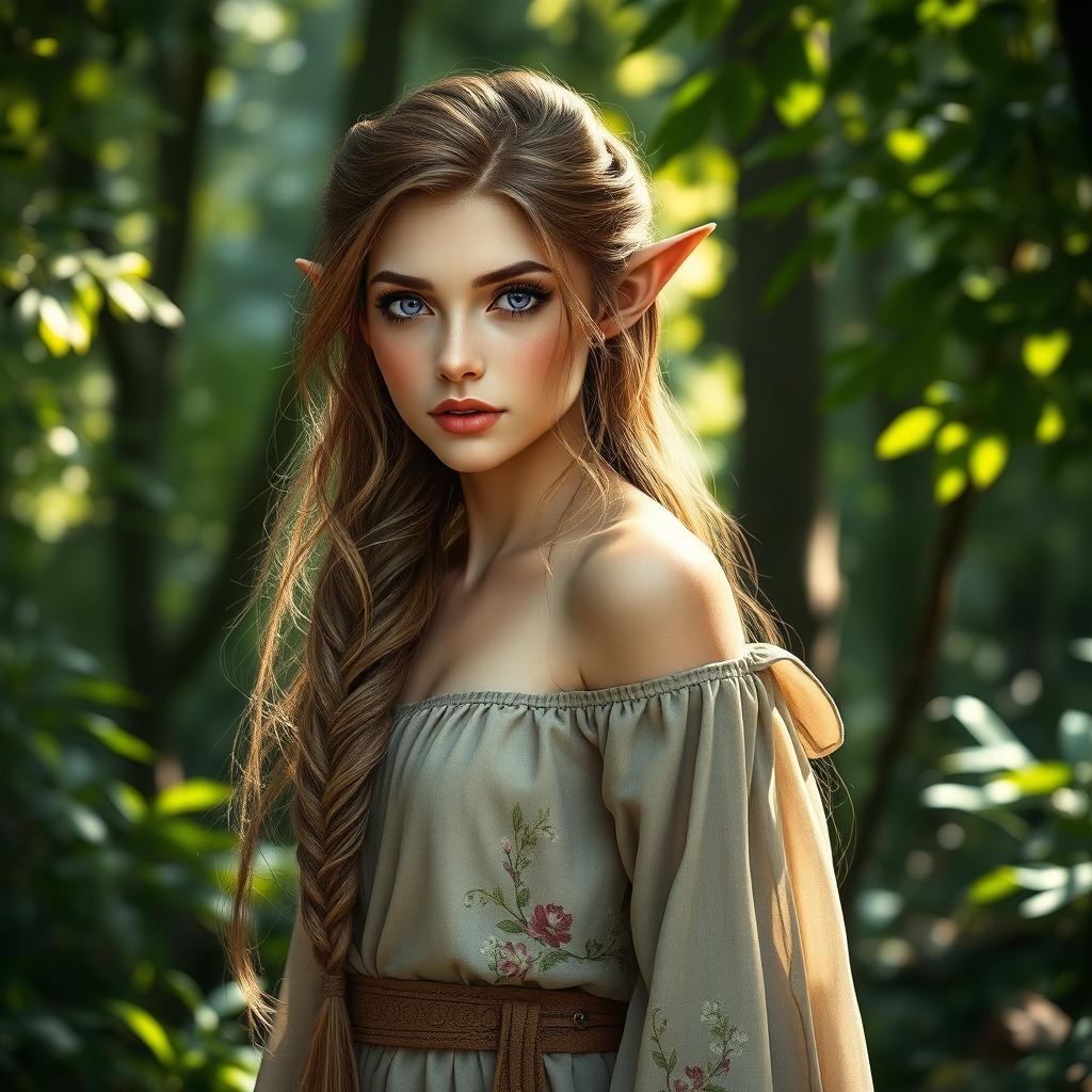 A stunning female elf standing gracefully in an enchanting forest