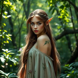 A stunning female elf standing gracefully in an enchanting forest