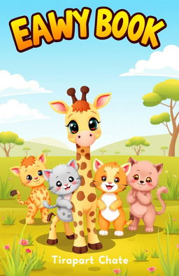 A joyful children's book cover featuring a cute little giraffe with large, friendly eyes, standing together with two playful baby giraffes and two adorable kittens