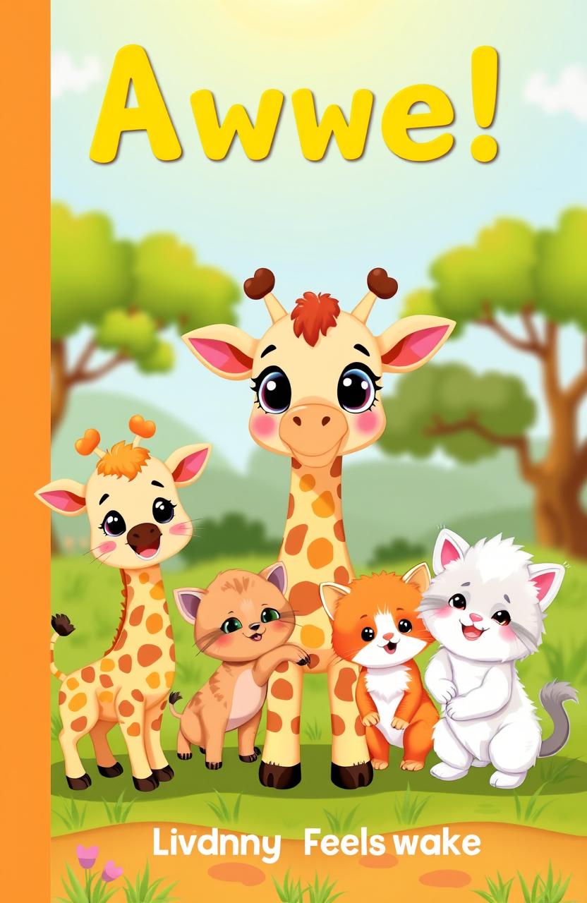 A joyful children's book cover featuring a cute little giraffe with large, friendly eyes, standing together with two playful baby giraffes and two adorable kittens