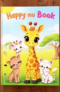 A joyful children's book cover featuring a cute little giraffe with large, friendly eyes, standing together with two playful baby giraffes and two adorable kittens