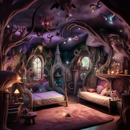 A fantasy-themed bedroom with dimensions of 12 feet by 9 feet, full of whimsical features, mythical creatures, magical elements, and enchanted decor, creating an otherworldly atmosphere.