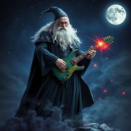A powerful wizard dressed in a long, flowing black robe adorned with mystical symbols, standing confidently while playing an electric guitar