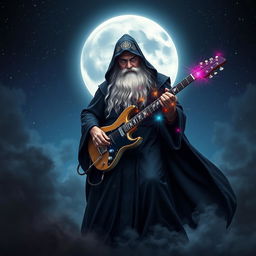 A powerful wizard dressed in a long, flowing black robe adorned with mystical symbols, standing confidently while playing an electric guitar