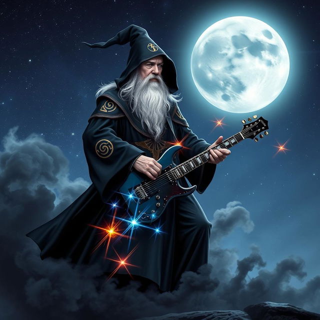 A powerful wizard dressed in a long, flowing black robe adorned with mystical symbols, standing confidently while playing an electric guitar