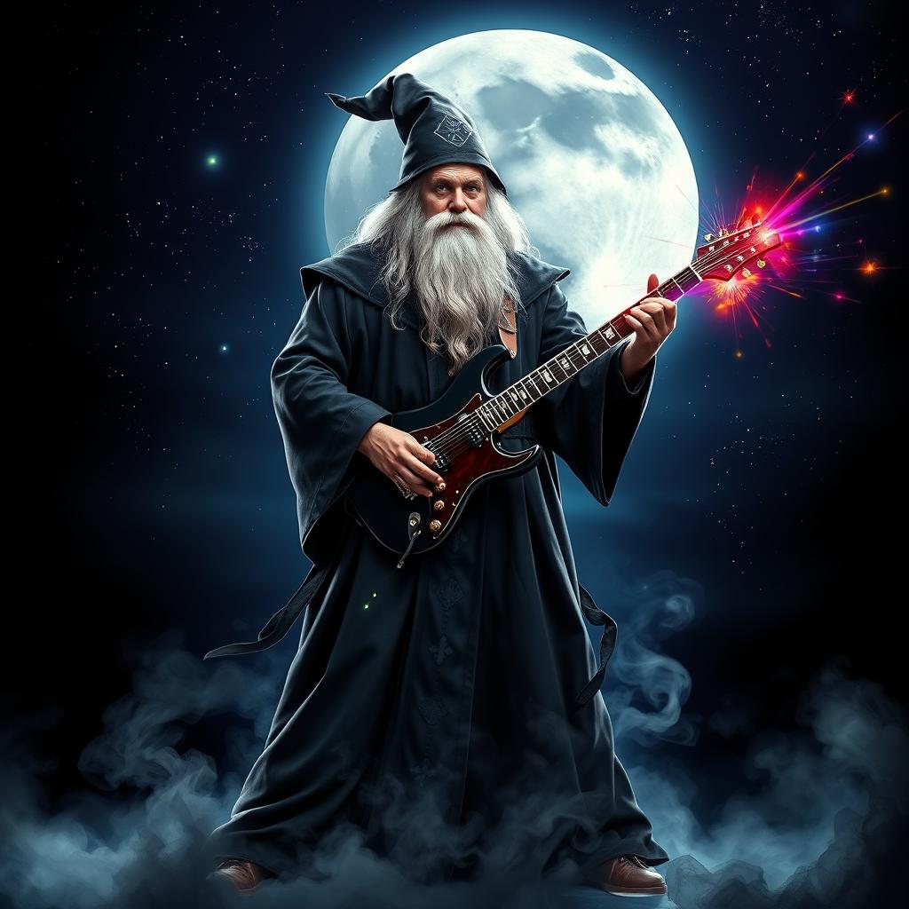 A powerful wizard dressed in a long, flowing black robe adorned with mystical symbols, standing confidently while playing an electric guitar