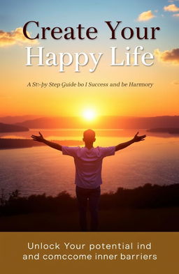 A vibrant and serene cover design for a self-help book titled "Create Your Happy Life: A Step-by-Step Guide to Success and Harmony"