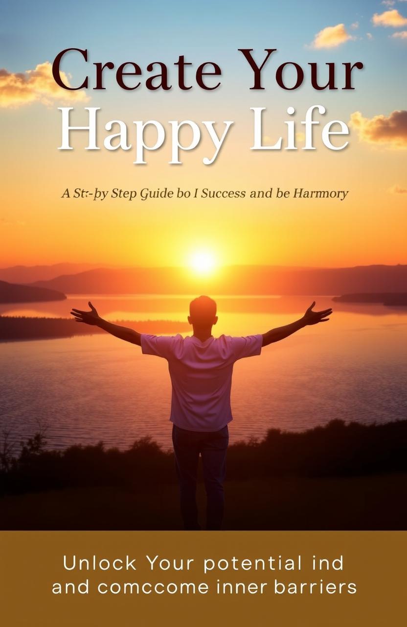 A vibrant and serene cover design for a self-help book titled "Create Your Happy Life: A Step-by-Step Guide to Success and Harmony"
