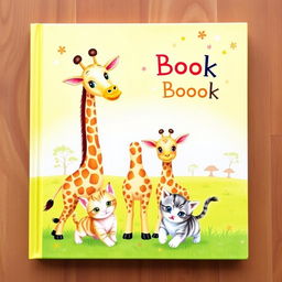 A charming and colorful children's book cover featuring a loving mother giraffe standing tall with two adorable baby giraffes beside her, showcasing their unique patterns and big, curious eyes