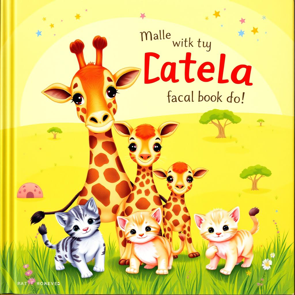A charming and colorful children's book cover featuring a loving mother giraffe standing tall with two adorable baby giraffes beside her, showcasing their unique patterns and big, curious eyes