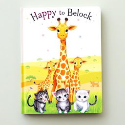 A charming and colorful children's book cover featuring a loving mother giraffe standing tall with two adorable baby giraffes beside her, showcasing their unique patterns and big, curious eyes