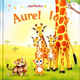 A charming and colorful children's book cover featuring a loving mother giraffe standing tall with two adorable baby giraffes beside her, showcasing their unique patterns and big, curious eyes