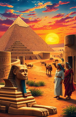 A vibrant and detailed representation of Egyptian culture showcasing iconic elements such as the majestic pyramids of Giza, the Sphinx in the foreground, and ancient hieroglyphics carved on stone walls