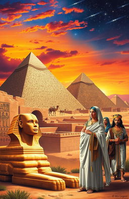 A vibrant and detailed representation of Egyptian culture showcasing iconic elements such as the majestic pyramids of Giza, the Sphinx in the foreground, and ancient hieroglyphics carved on stone walls