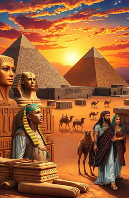A vibrant and detailed representation of Egyptian culture showcasing iconic elements such as the majestic pyramids of Giza, the Sphinx in the foreground, and ancient hieroglyphics carved on stone walls