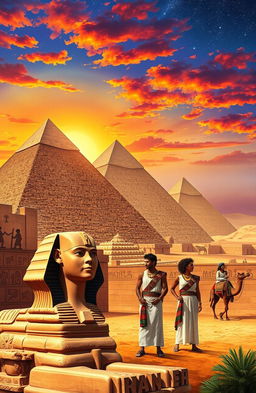 A vibrant and detailed representation of Egyptian culture showcasing iconic elements such as the majestic pyramids of Giza, the Sphinx in the foreground, and ancient hieroglyphics carved on stone walls