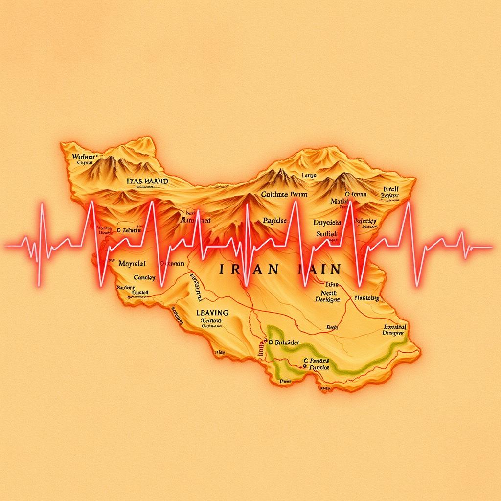 An artistic representation of a cardiology ECG wave superimposed over a detailed map of Iran