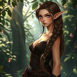 A female elf character standing gracefully in a lush forest