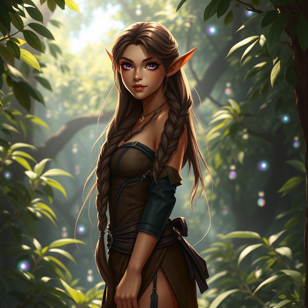 A female elf character standing gracefully in a lush forest