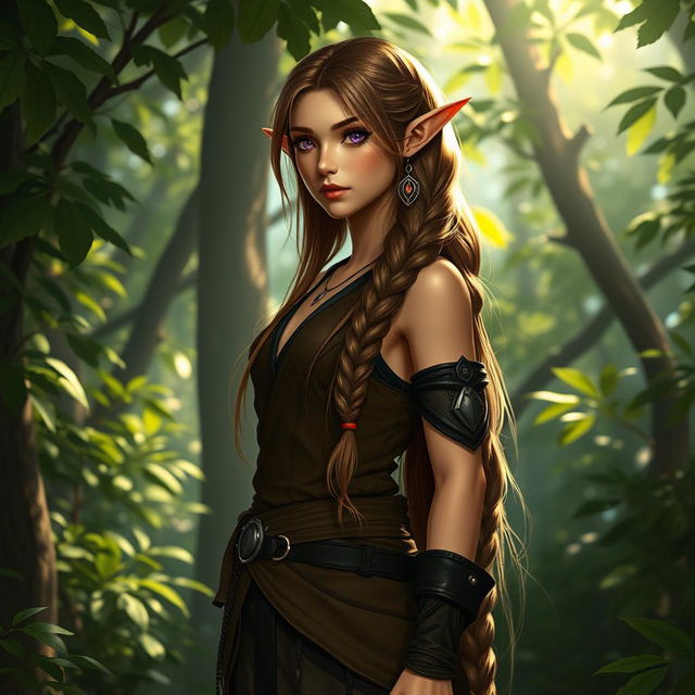 A female elf character standing gracefully in a lush forest