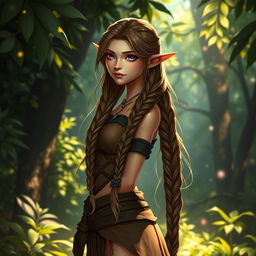 A female elf character standing gracefully in a lush forest