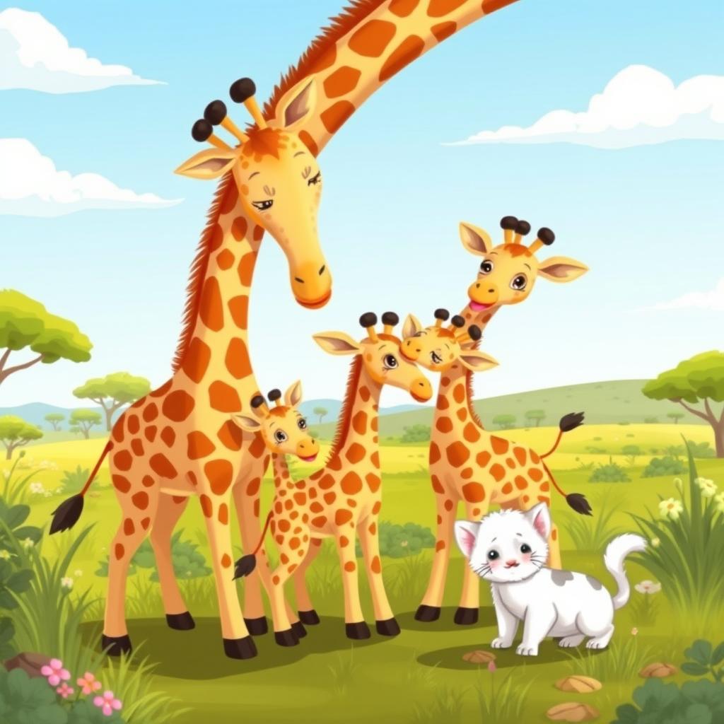 A colorful cartoon illustration featuring a mother giraffe playfully interacting with her two adorable baby giraffes in a sunny savanna landscape
