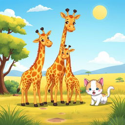 A colorful cartoon illustration featuring a mother giraffe playfully interacting with her two adorable baby giraffes in a sunny savanna landscape