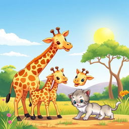 A colorful cartoon illustration featuring a mother giraffe playfully interacting with her two adorable baby giraffes in a sunny savanna landscape
