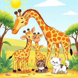 A colorful cartoon illustration featuring a mother giraffe playfully interacting with her two adorable baby giraffes in a sunny savanna landscape