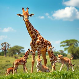 A heartwarming scene featuring a mother giraffe with two adorable baby giraffes and two playful kittens in a lush green savanna environment