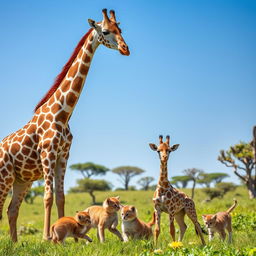 A heartwarming scene featuring a mother giraffe with two adorable baby giraffes and two playful kittens in a lush green savanna environment