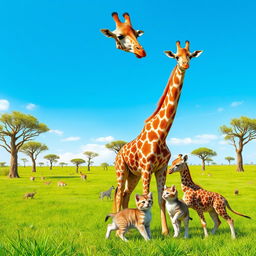A heartwarming scene featuring a mother giraffe with two adorable baby giraffes and two playful kittens in a lush green savanna environment
