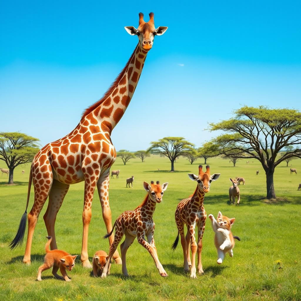A heartwarming scene featuring a mother giraffe with two adorable baby giraffes and two playful kittens in a lush green savanna environment