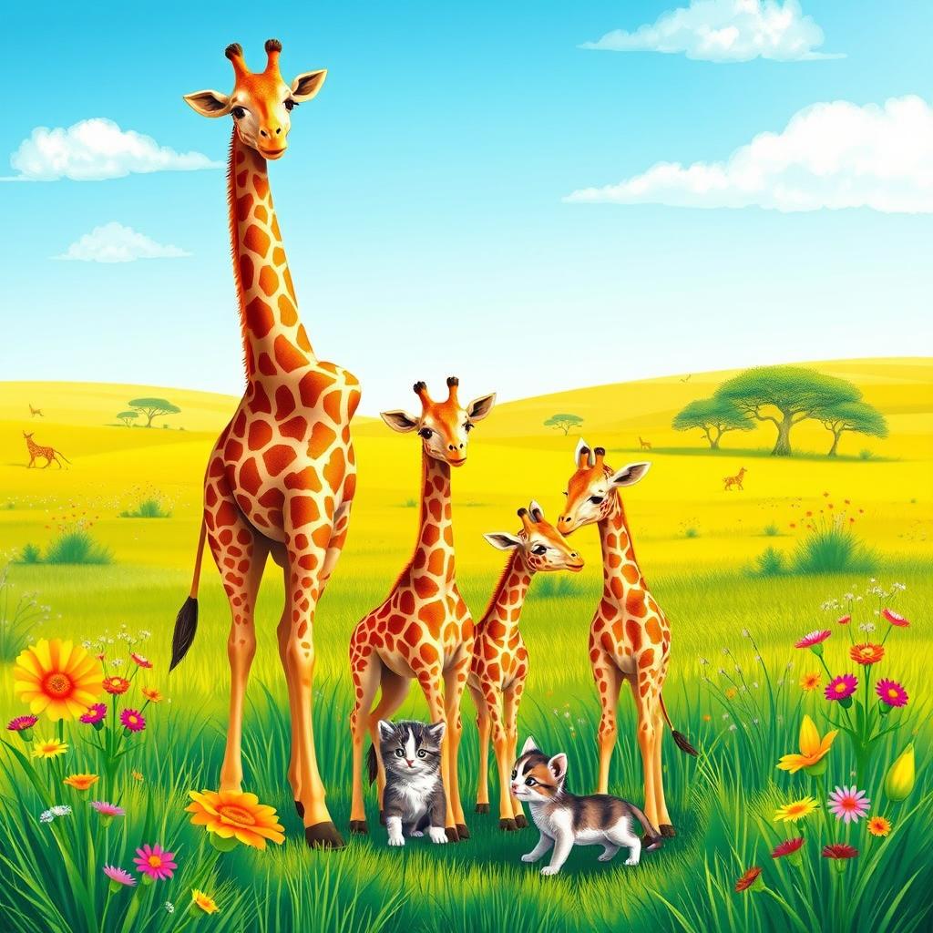 A heartwarming scene featuring a mother giraffe standing tall with her two adorable baby giraffes beside her, all set in a bright and colorful savannah landscape